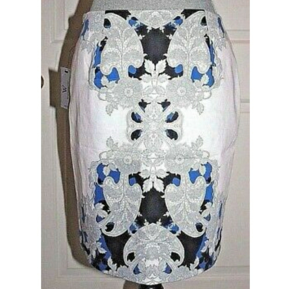 Worthington Paisley White Blue Black Gray Floral Pencil Skirt Petite Plus Size